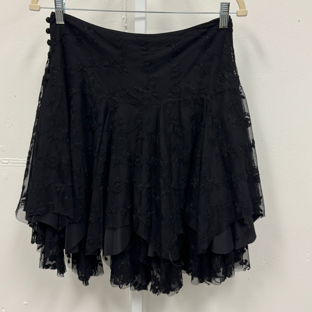 Catherine Malandrino Black Lace Silk Lined Tiered Mini Skirt Floral Mesh Size 6